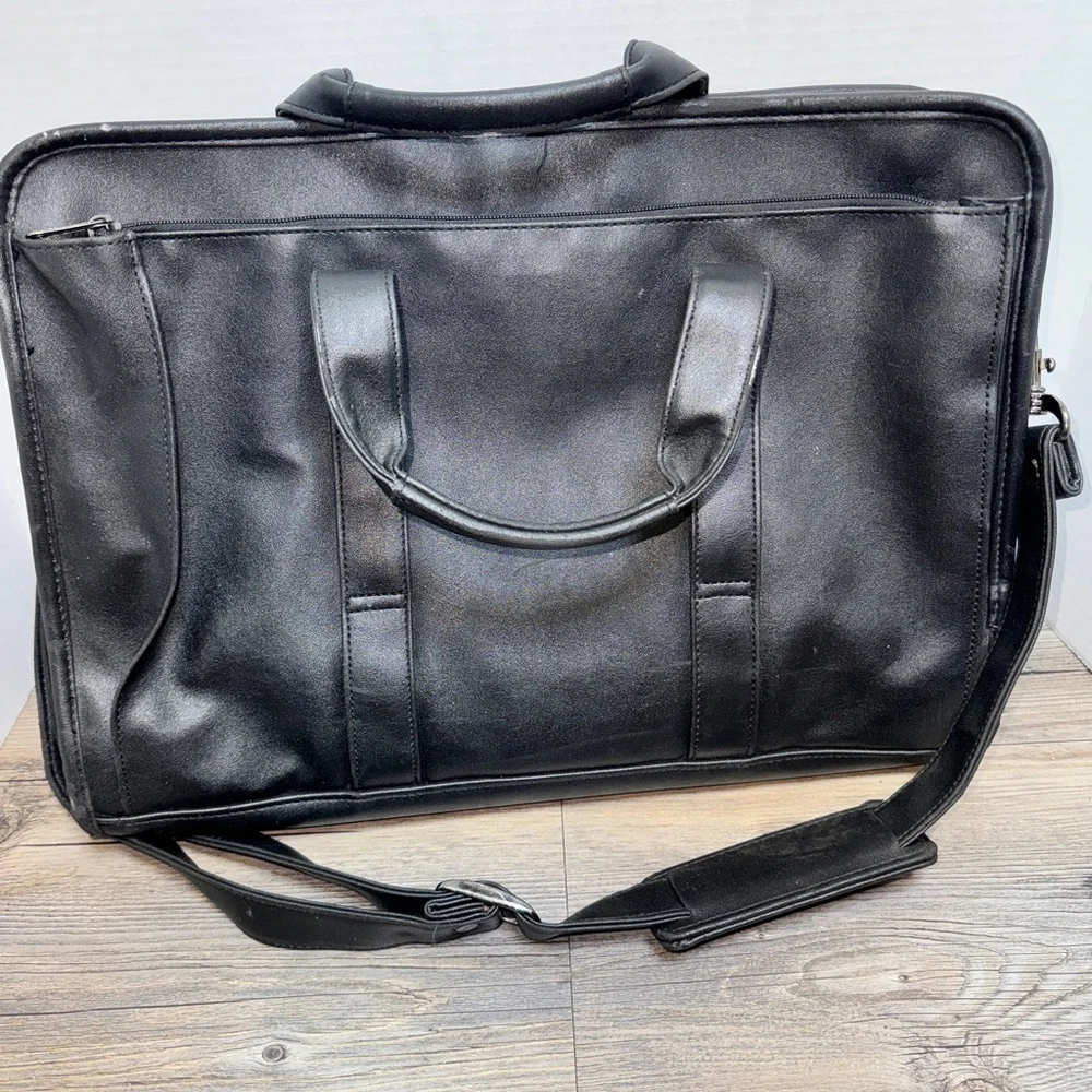 Men's Black Leather Laptop Briefcase with Multiple Pockets and Zippers